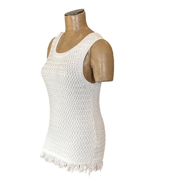 Max Studio White Basketweave Knit Fringed Hem Sleeveless Top Sz S #19096 - Picture 4 of 7